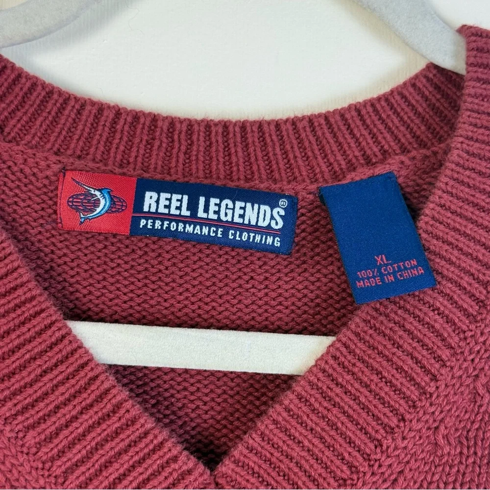 Reel Legends Men‎ Maroon V-Neck Sweater Fisherman 100% Cotton Ribbed Knitwear XL